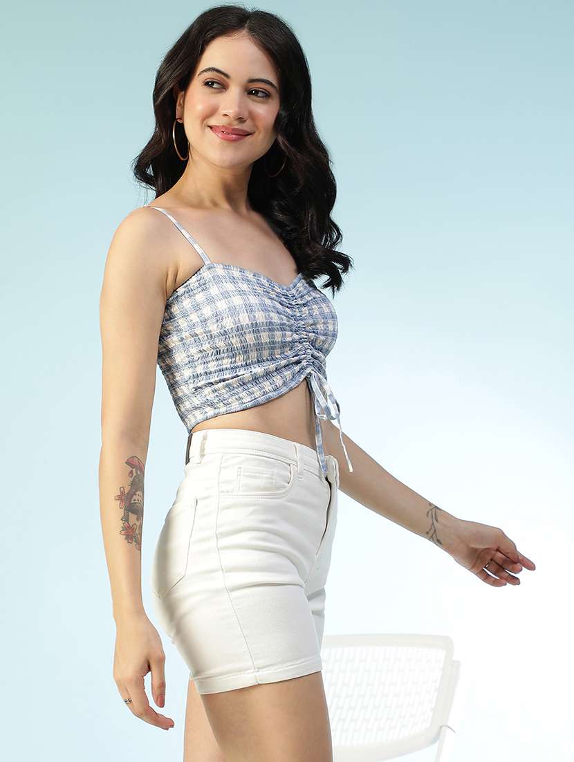 women checkered shoulder strap smocked crop top - 22147446 -  Standard Image - 2