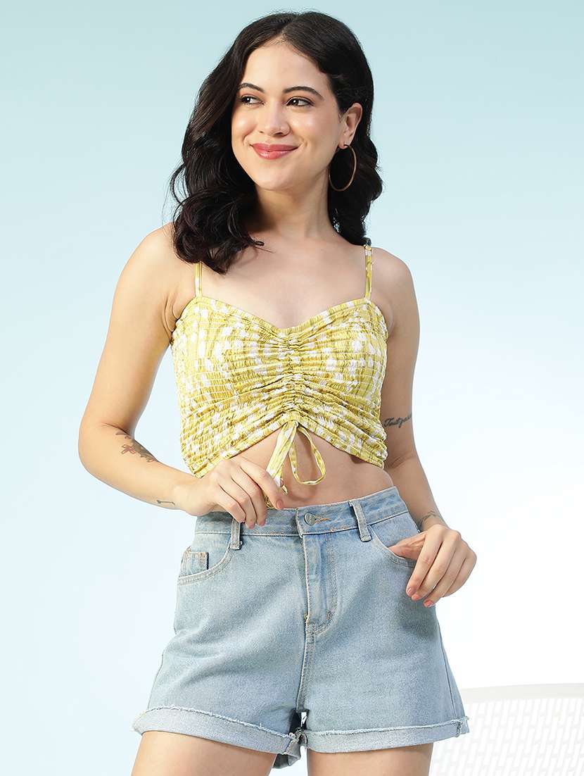 women printed shoulder strap smocked crop top