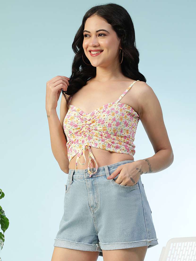 women printed shoulder strap smocked crop top - 22147448 -  Standard Image - 2