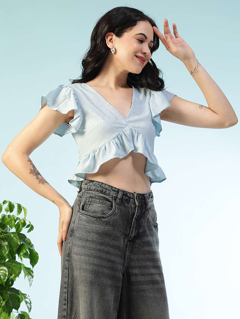 women solid short sleeve ruffle top - 22147451 -  Standard Image - 2