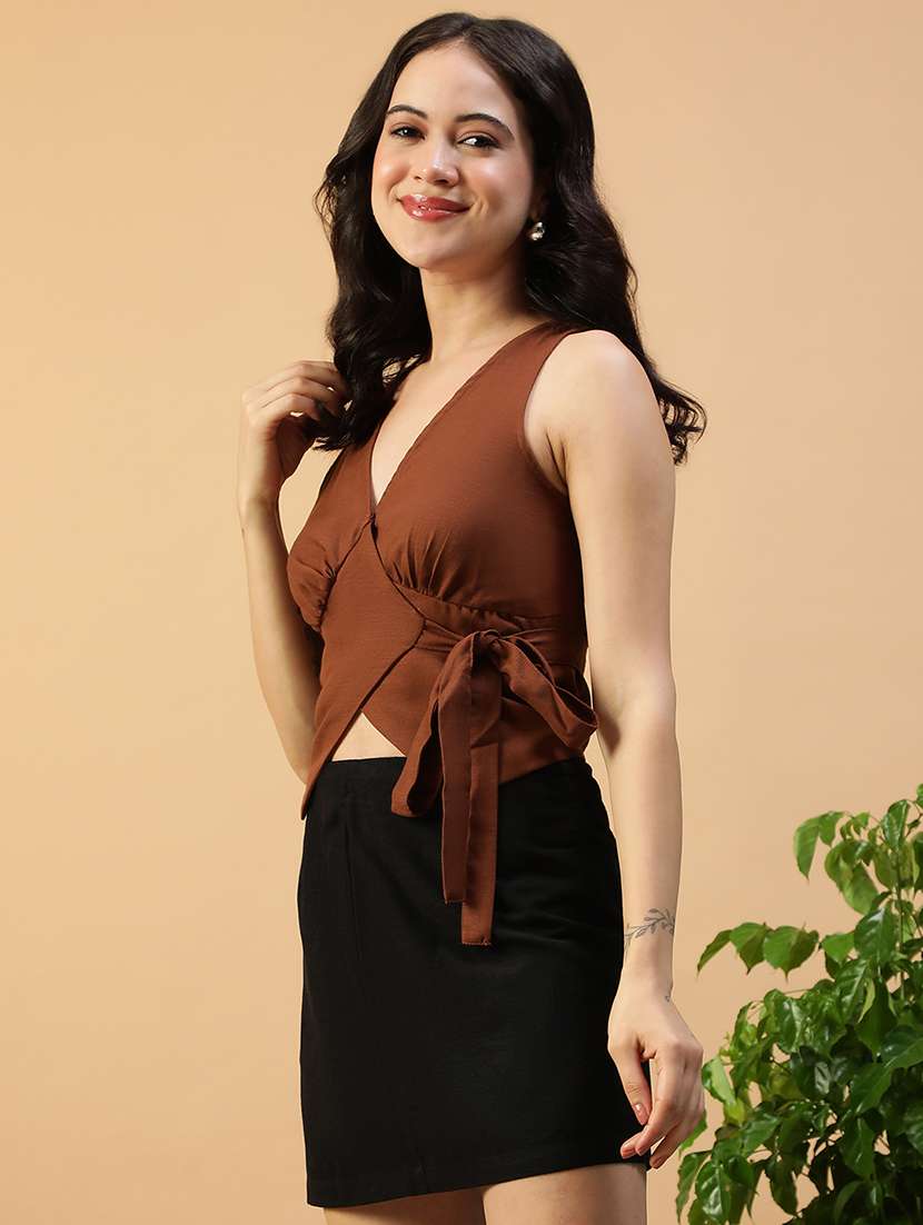 women brown solid sleeveless mock wrap top - 22147453 -  Standard Image - 2
