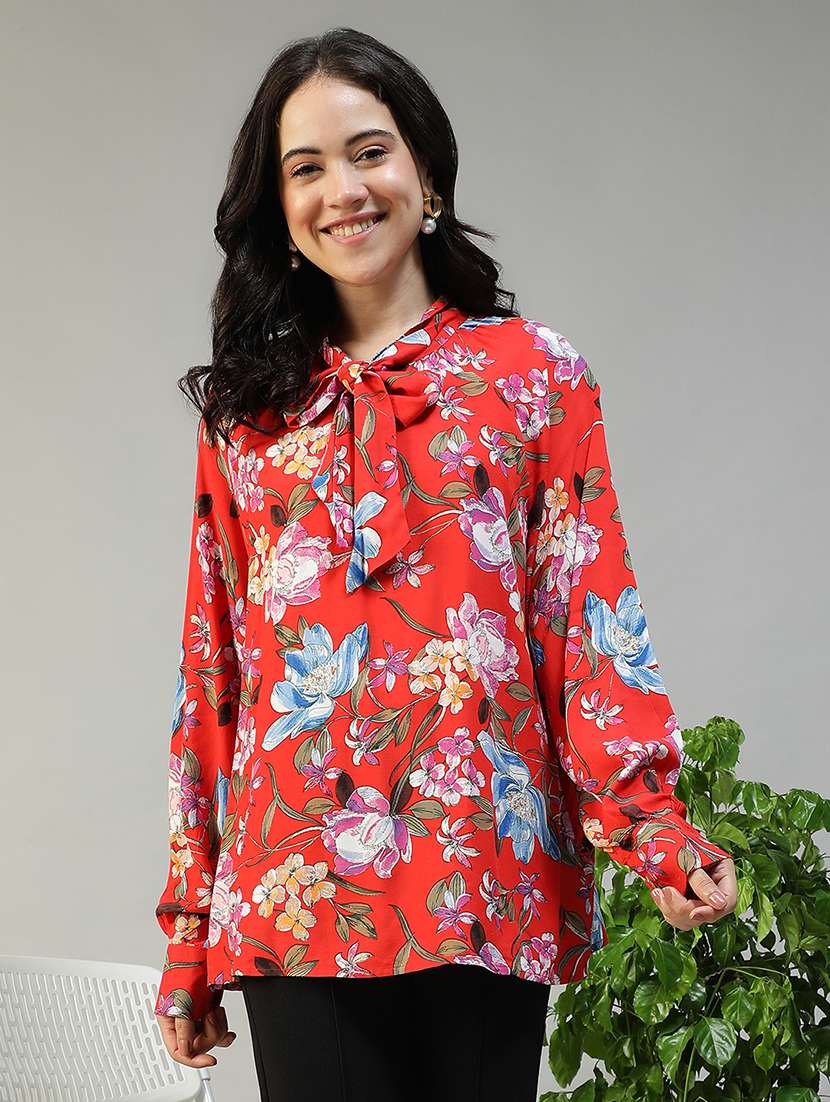 women floral printg long sleeve tie up neck top