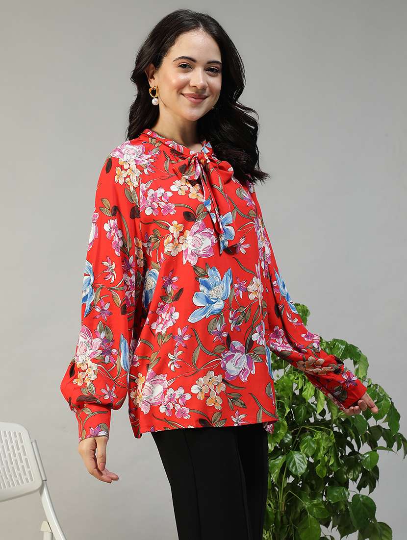 women floral printg long sleeve tie up neck top - 22147461 -  Standard Image - 2
