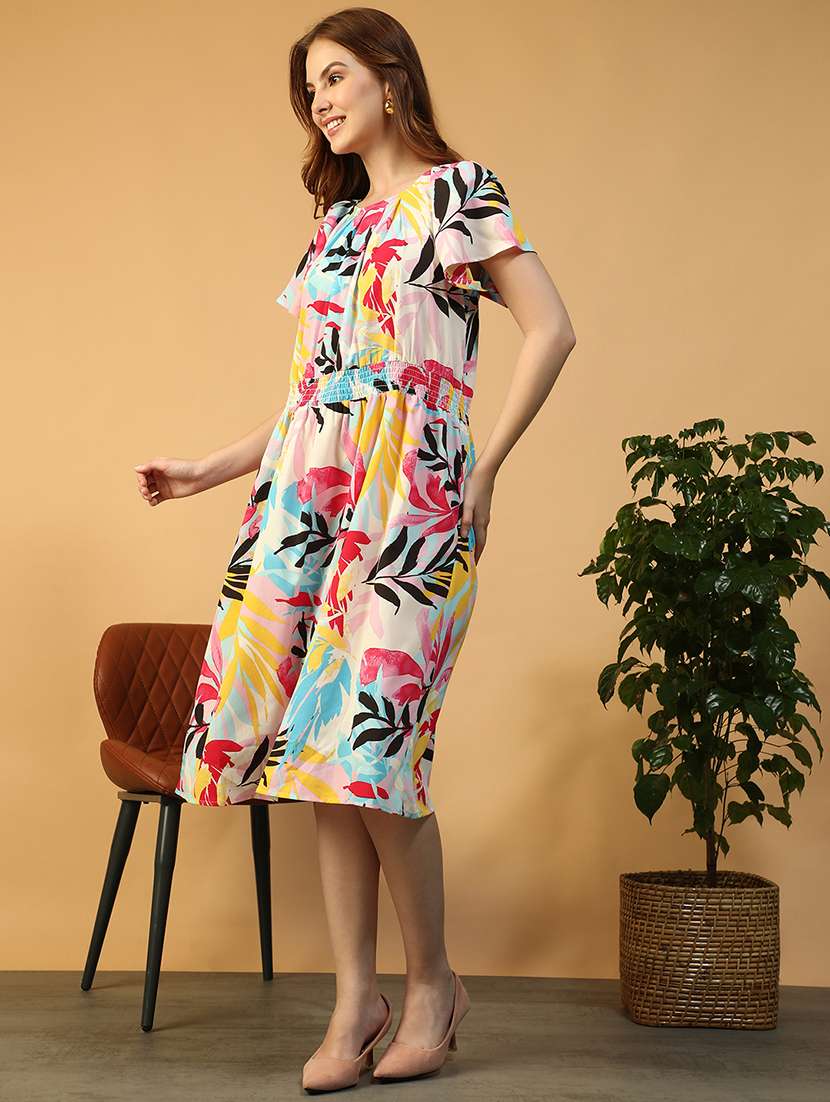 women printed puff sleeve fit & flare dress - 22147508 -  Standard Image - 2