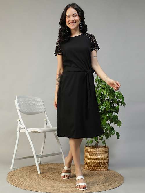 women black solid short sleeve a-line dress - 22147514 -  Standard Image - 0