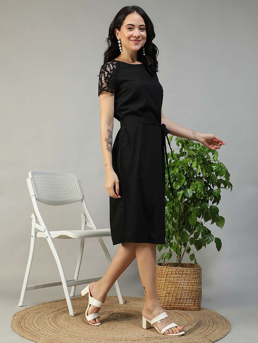 women black solid short sleeve a-line dress - 22147514 -  Standard Image - 2
