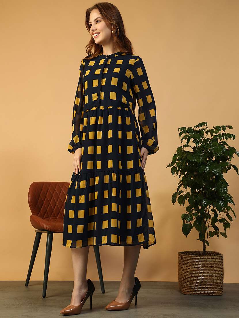 women checkered puff sleeve tiered dress - 22147515 -  Standard Image - 2