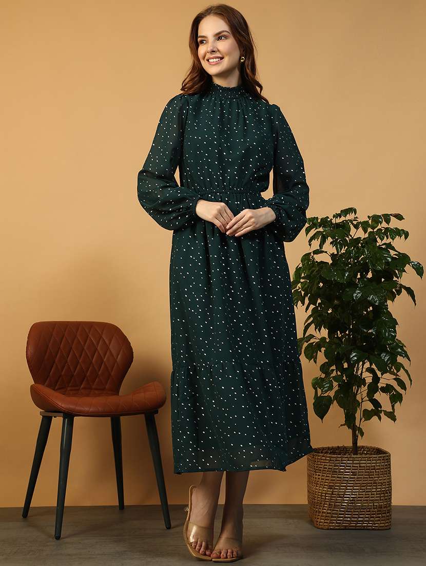 women printed mock neck puff sleeve tiered dress