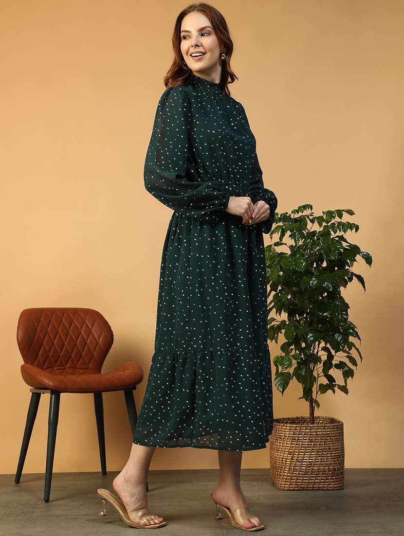 women printed mock neck puff sleeve tiered dress - 22147516 -  Standard Image - 2