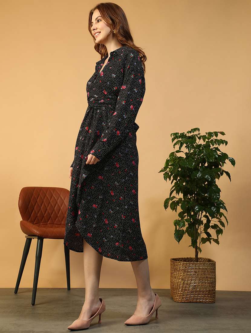 women printed collared long sleeve wrap dress - 22147517 -  Standard Image - 2