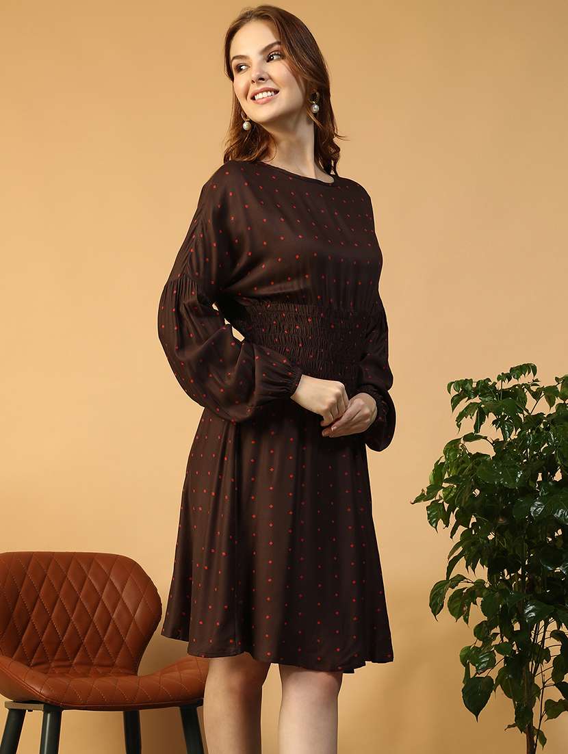 women printed puff sleeve fit & flare dress - 22147521 -  Standard Image - 2