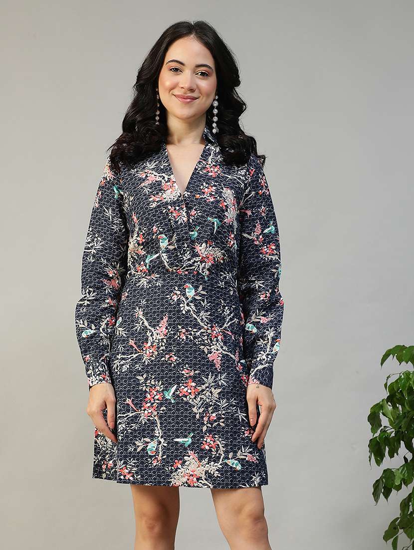 women printed collared puff sleeve a-line dress