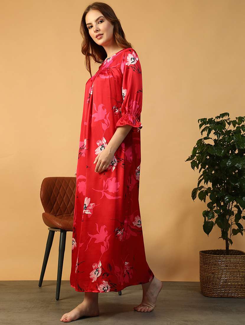 women floral print three quarter sleeve nighty - 22147533 -  Standard Image - 2