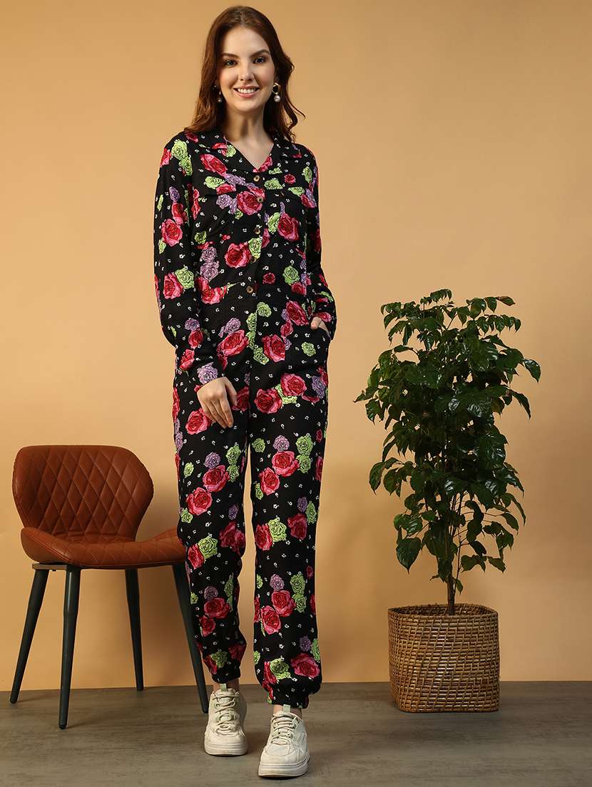 women floral print collared long sleeve jumpsuit