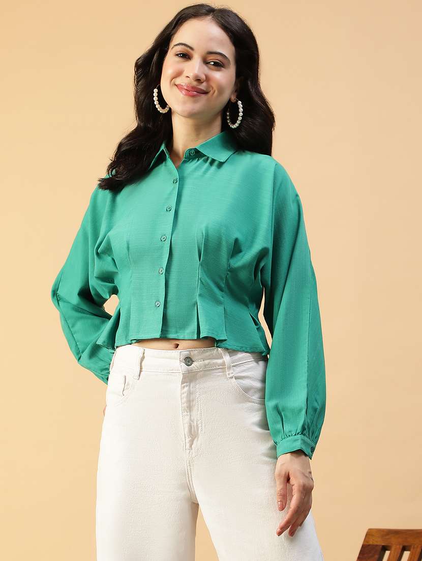 women solid collared puff sleeve crop  shirt