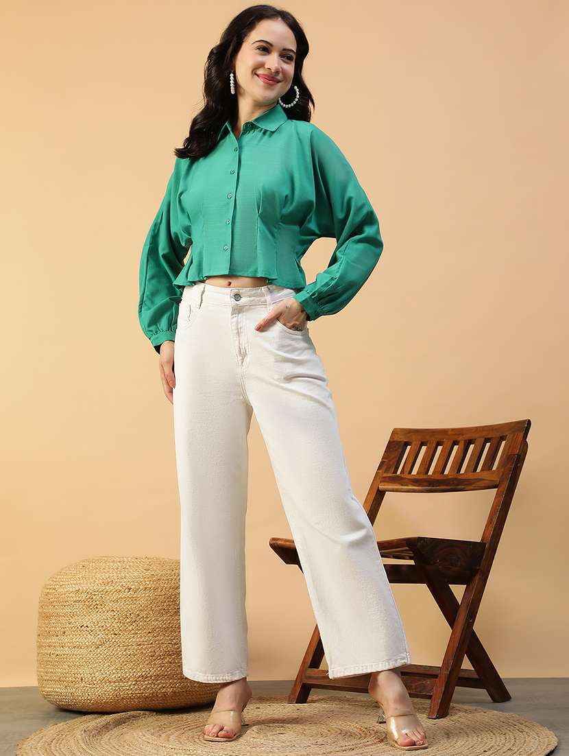 women solid collared puff sleeve crop  shirt - 22147554 -  Standard Image - 2