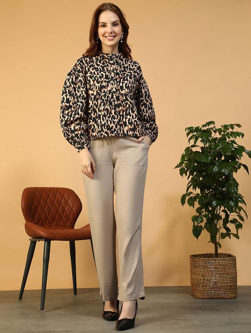 women animal print mandarin neck puff sleeve shirt - 22147558 -  Standard Image - 2