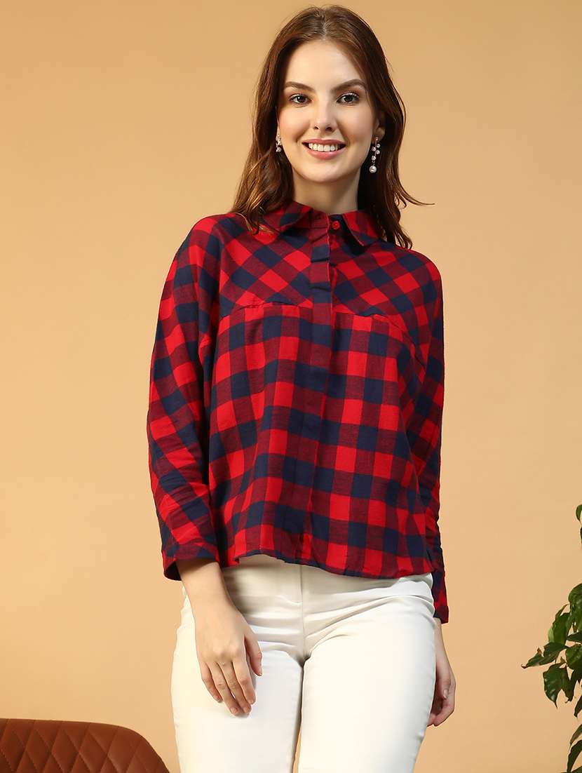 women checkered collared long sleeve shirt