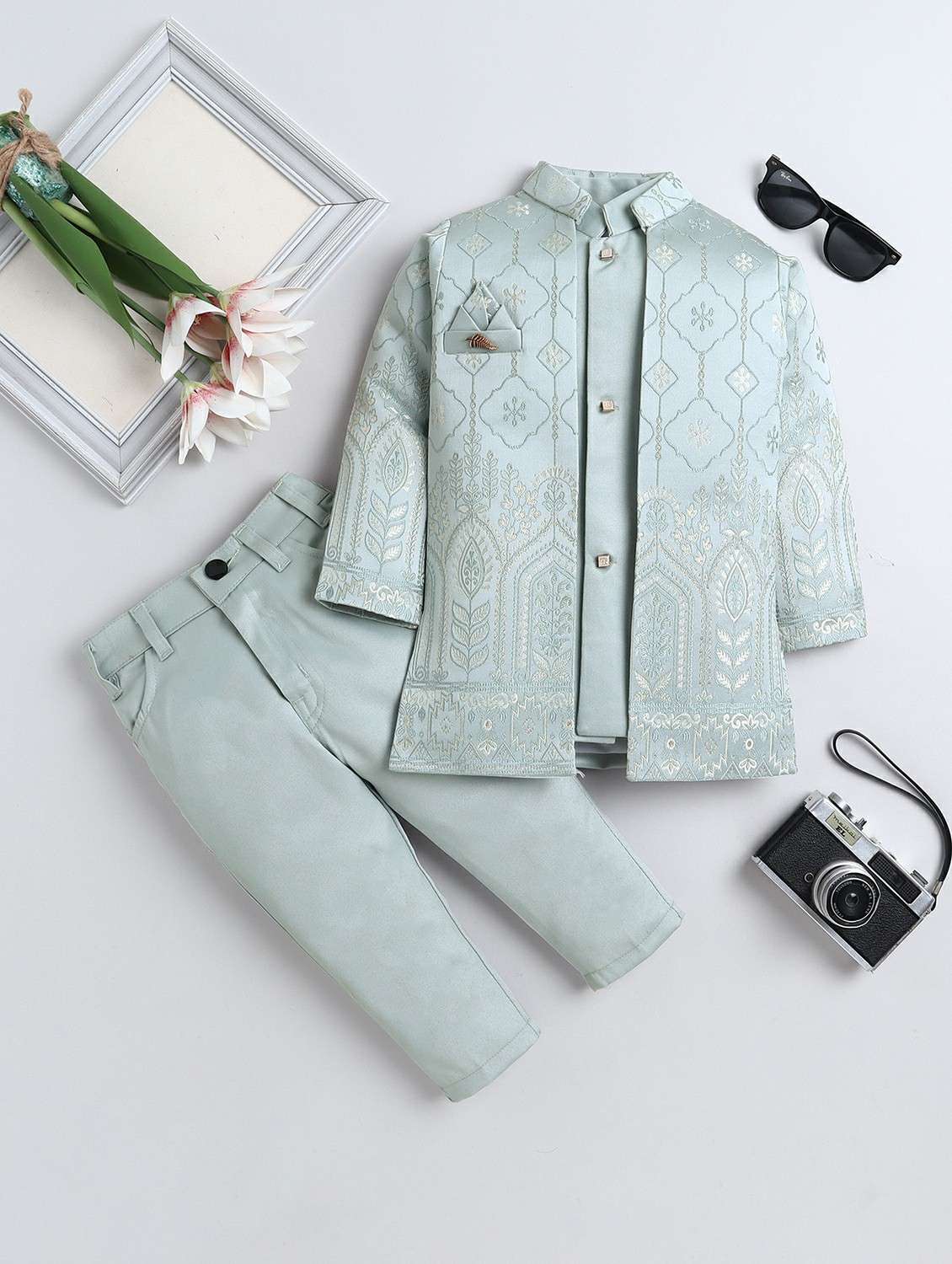 boys self designed long sleeve sherwani set