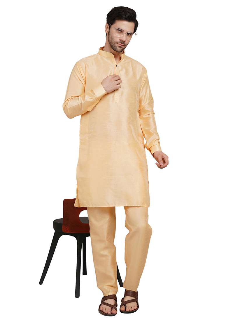 men solid long sleeve kurta with trousers ethnic wear set