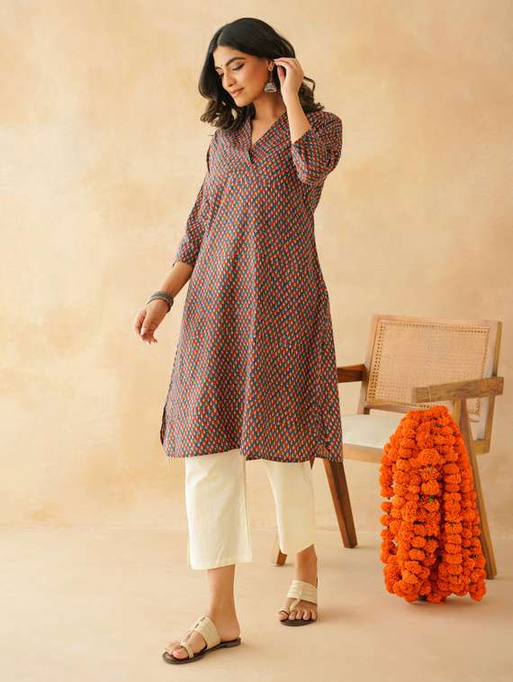 women floral three quarter sleeve straight kurta - 22147728 -  Standard Image - 2