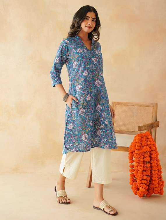 women floral three quarter sleeve straight kurta - 22147729 -  Standard Image - 2