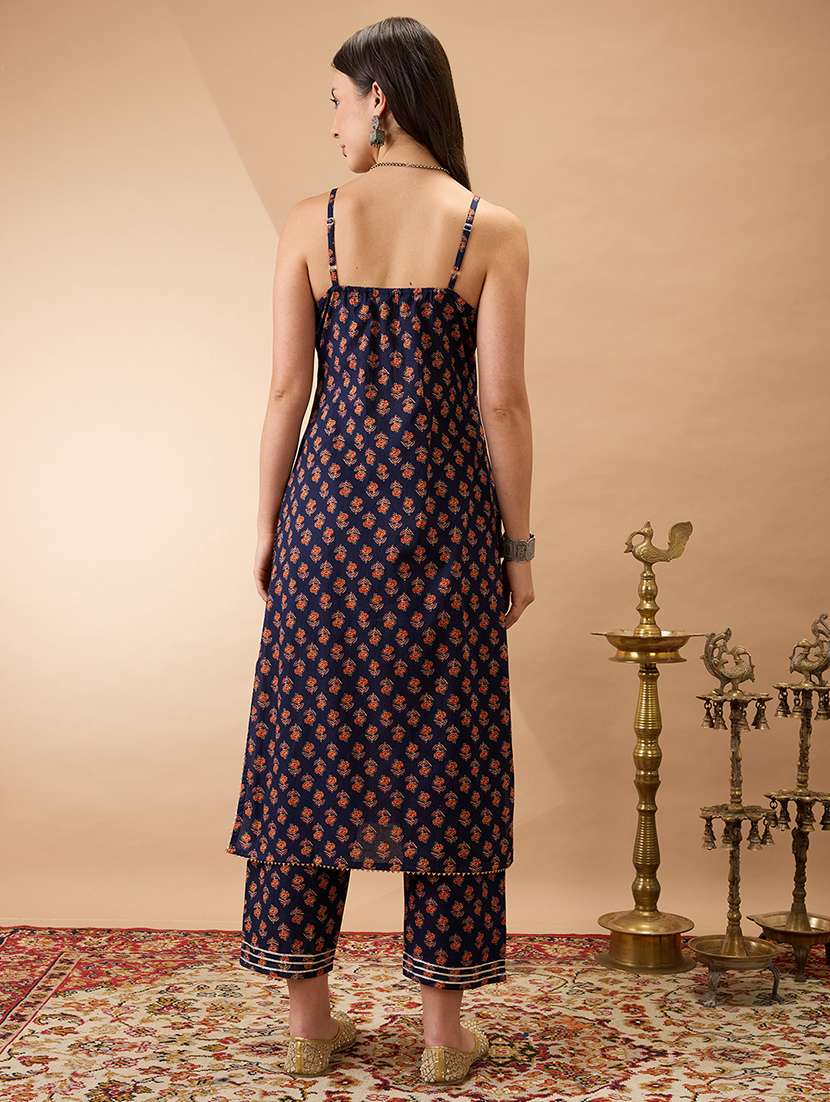 globus women navy blue square neck strappy shoulder floral print gotta lace detail straight kurta with pants fusion set - 22147739 -  Standard Image - 2