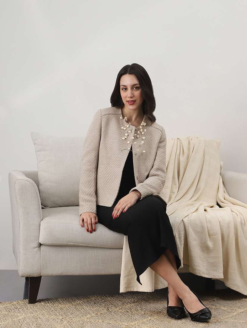 globus women beige texture self design round neck long sleeve 2 side pocket tailored fit winterwear overcoat  - 22147740 -  Standard Image - 2