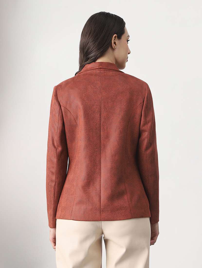 globus women rust shawl collar long sleeves self design suede 2 pockets soft functional winterwear overcoat - 22147741 -  Standard Image - 2