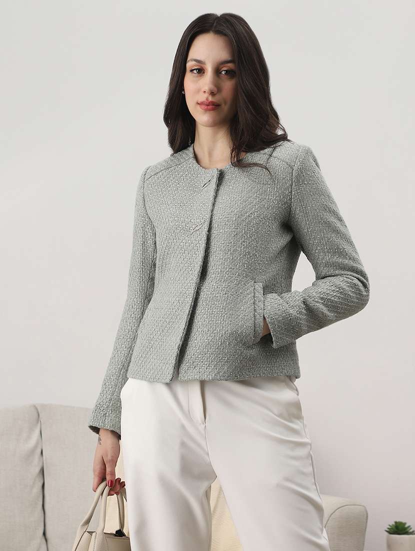 globus women green texture self design round neck long sleeve 2 side pocket tailored fit winterwear overcoat 