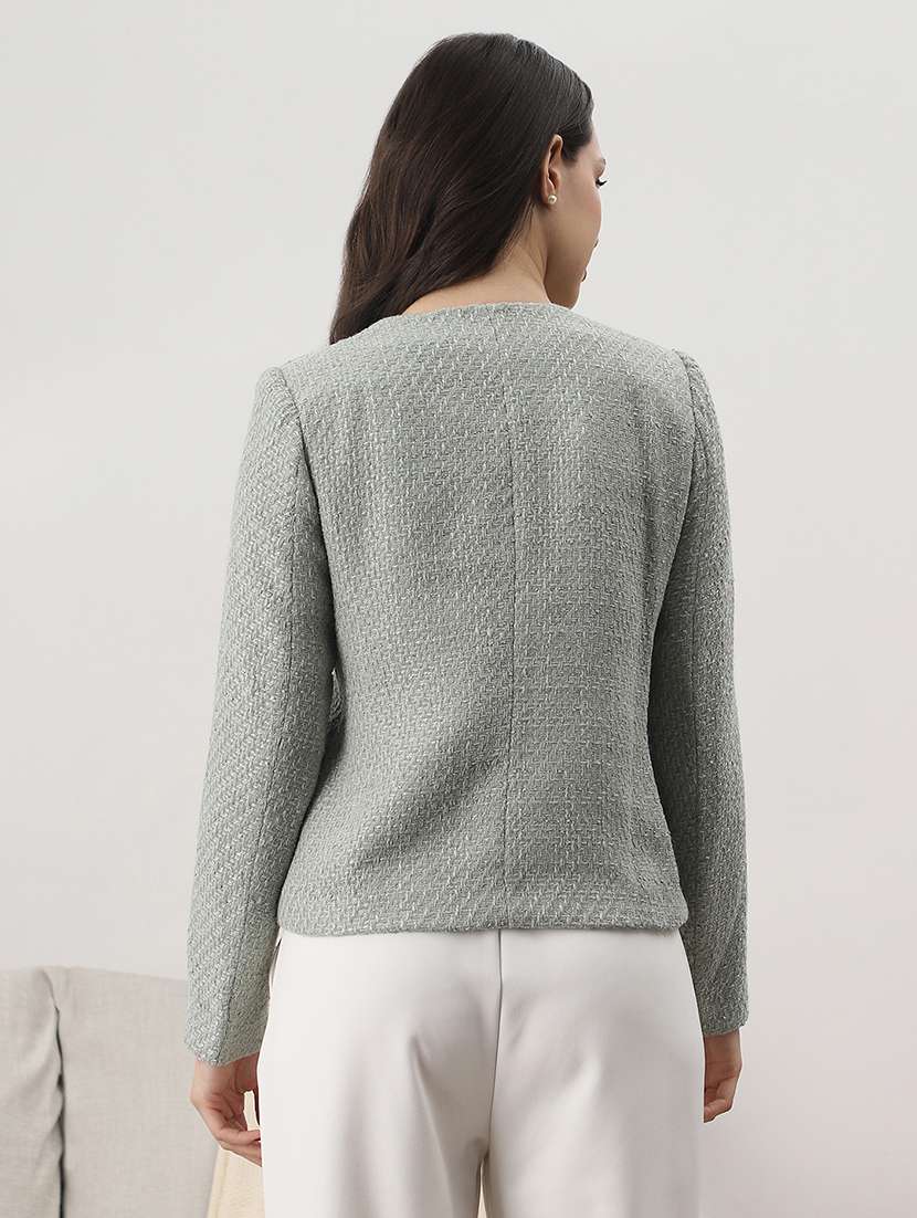 globus women green texture self design round neck long sleeve 2 side pocket tailored fit winterwear overcoat  - 22147743 -  Standard Image - 2