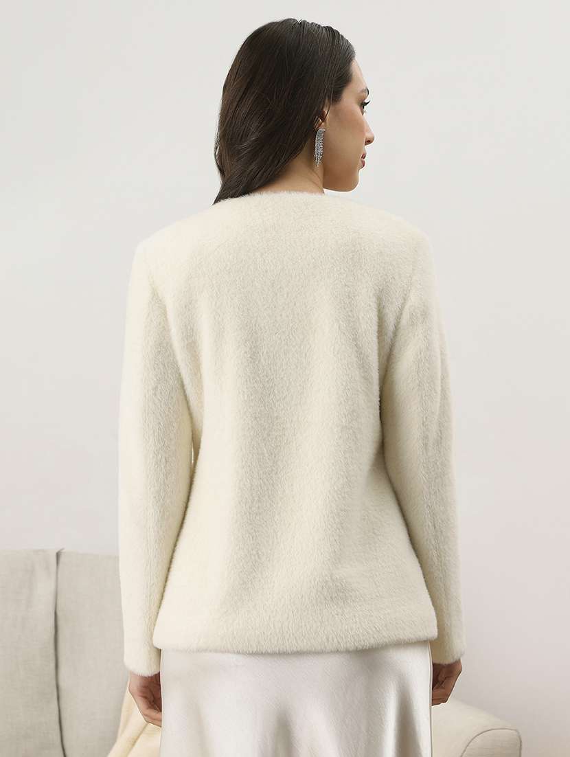 globus women white self design embellished work round neck long sleeves suede 2 pocket soft functional winterwear overcoat - 22147745 -  Standard Image - 2