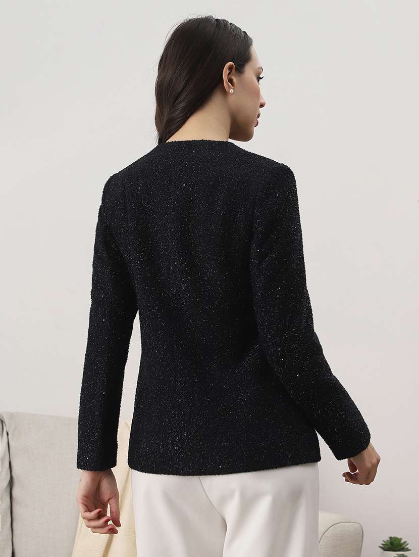 globus women black round neck long sleeves shimmer self design 2 pockets tailored fit winter wear overcoat - 22147746 -  Standard Image - 2