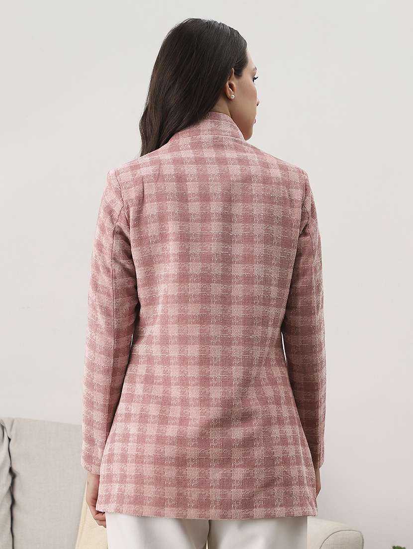 globus women pink mock collar long sleeves self checkered 2 pockets hip length winterwear overcoat - 22147748 -  Standard Image - 2