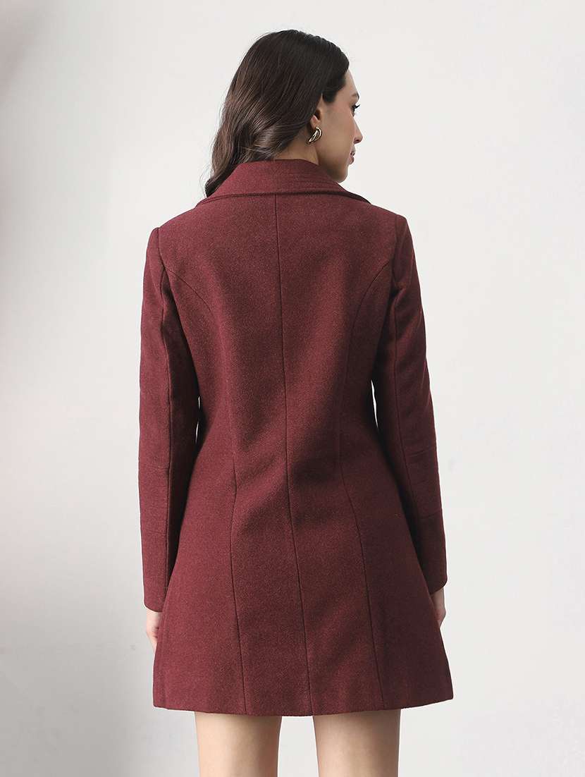 globus women burgundy self design shirt collar long sleeve hip length tailored fit overcoat  - 22147752 -  Standard Image - 2