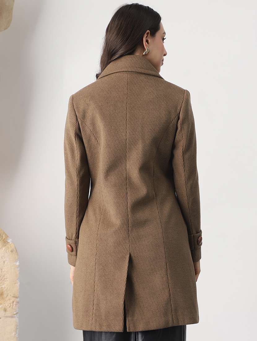 globus women beige notched lapel long sleeves striped self design 2 pockets hip length winterwear overcoat - 22147755 -  Standard Image - 2