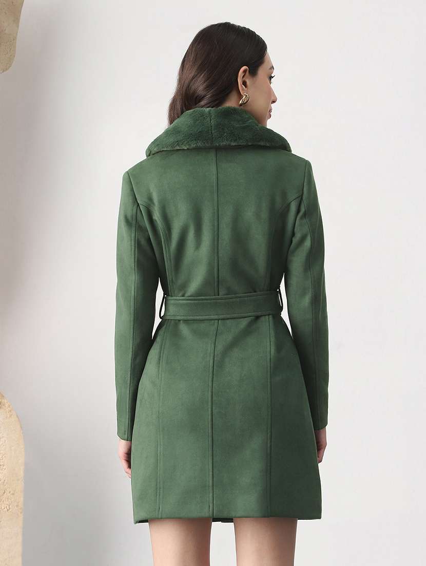 globus women olive shawl collar long sleeves self design faux fur detail 2 pockets hip length belted winterwear overcoat - 22147756 -  Standard Image - 2