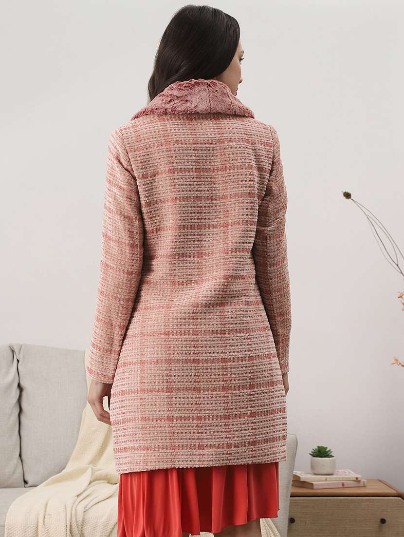 globus women coral shawl collar long sleeves checkered self design faux fur detail 2 pockets hip length winterwear overcoat - 22147758 -  Standard Image - 2