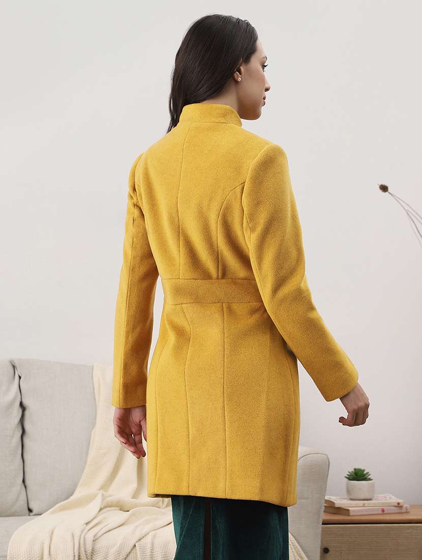 globus women gold self design mock collar long sleeve knee length tailored fit winterwear overcoat  - 22147760 -  Standard Image - 2