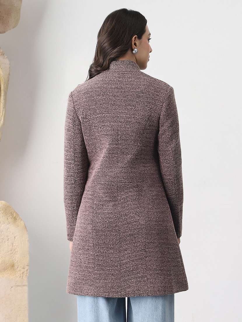 globus women pink mock collar long sleeves self design  2 pockets knee length winterwear overcoat - 22147761 -  Standard Image - 2