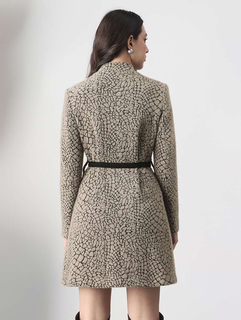 globus women grey melange mock neck long sleeves self design winter wear overcoat with belt - 22147762 -  Standard Image - 2