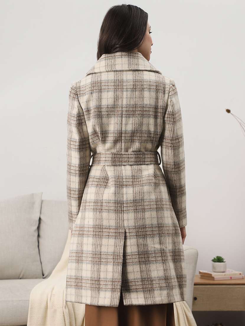 globus women cream notched lapel long sleeves checkered self design winter wear overcoat with belt - 22147765 -  Standard Image - 2