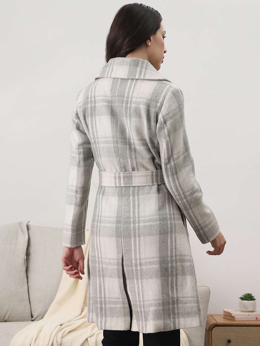 globus women grey notched lapel long sleeves checkered self design winter wear overcoat with belt - 22147766 -  Standard Image - 2