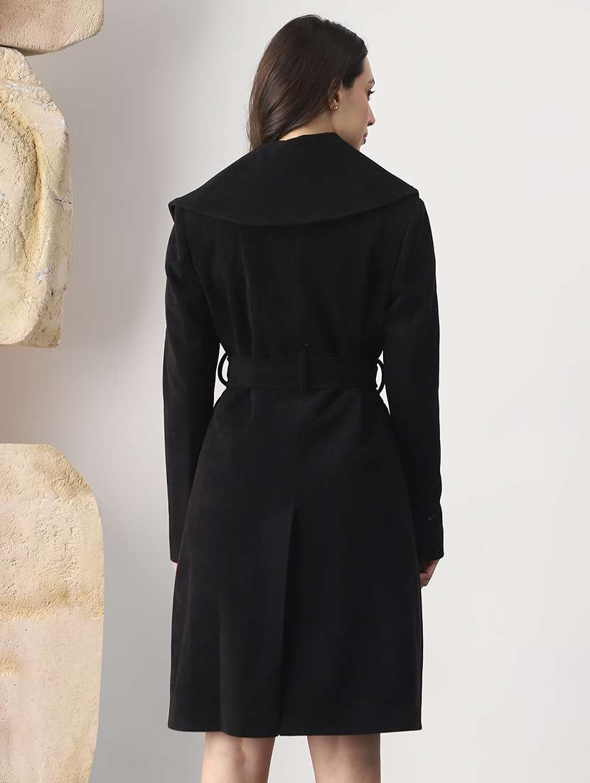 globus women black shawl collar long sleeves solid winter wear overcoat with belt - 22147768 -  Standard Image - 2