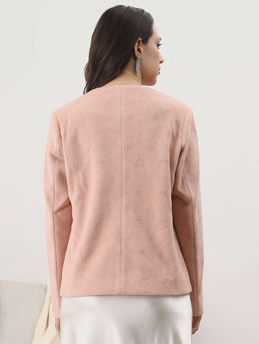 globus women pink round neck long sleeves floral self design embellished wool 2 pockets winterwear overcoat - 22147774 -  Standard Image - 2