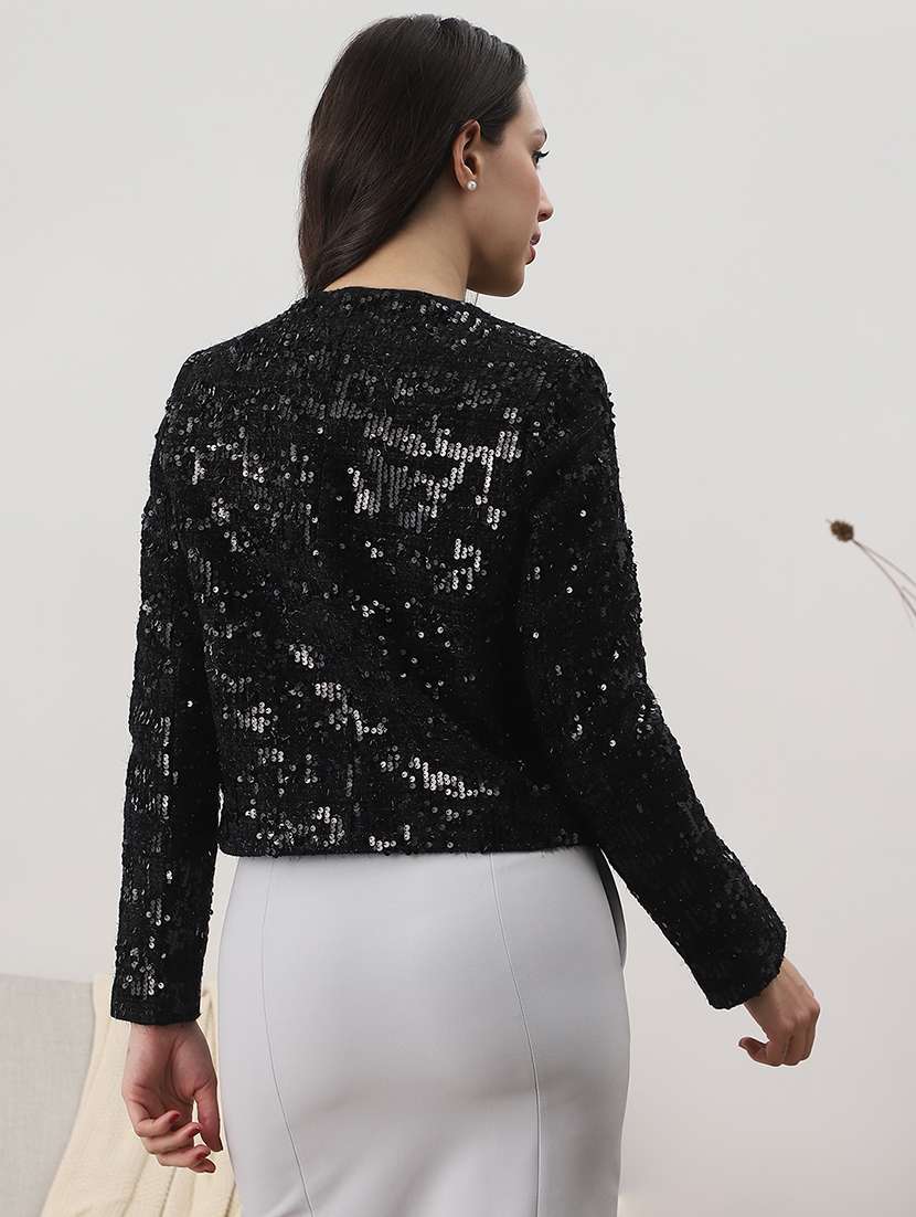 globus women black round neck long sleeves embellished 2 pockets winterwear overcoat - 22147776 -  Standard Image - 2