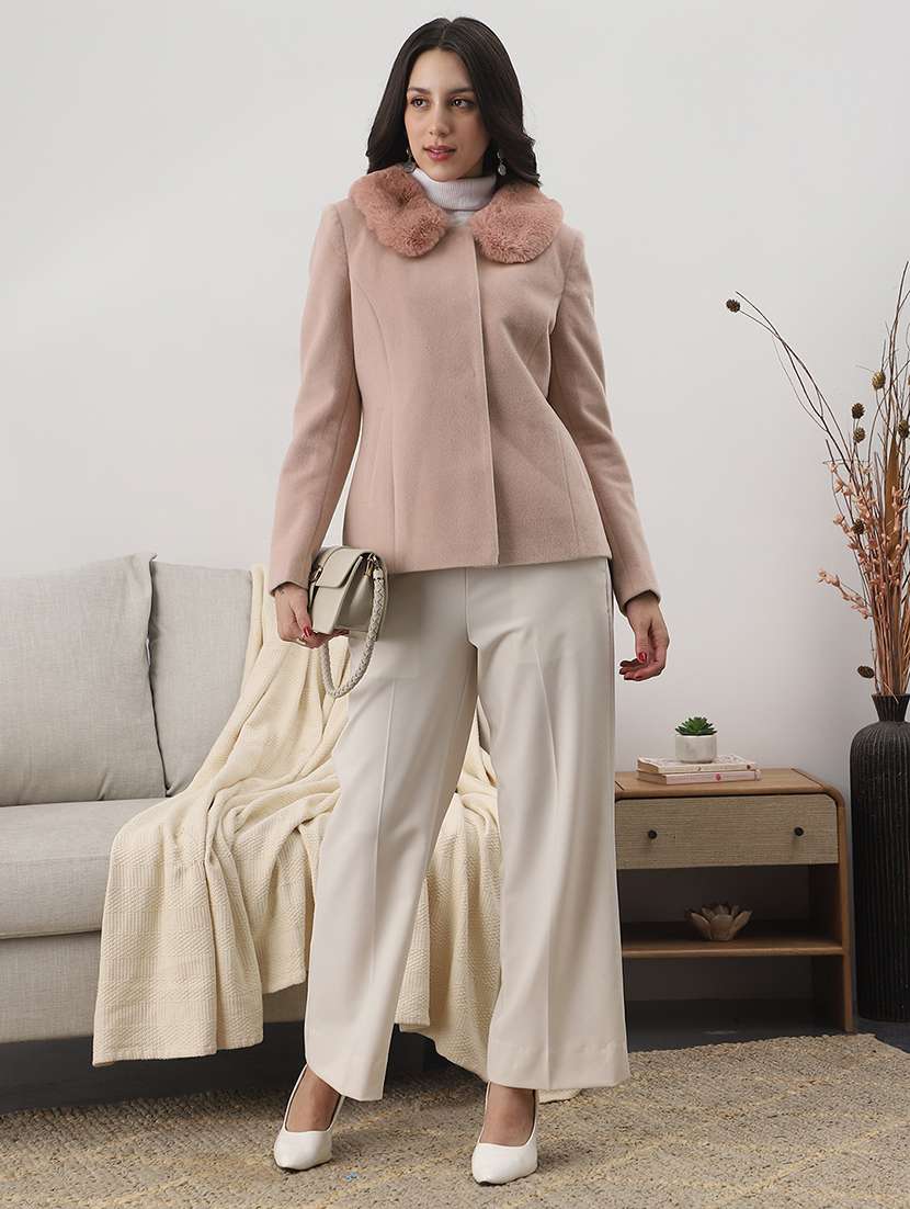 globus women pink peter pan collar long sleeves faux fur detail 2 pockets winterwear overcoat - 22147778 -  Standard Image - 2