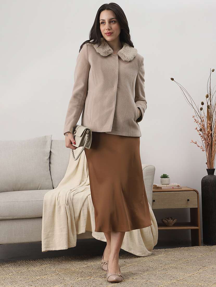 globus women beige peter pan collar long sleeves faux fur detail 2 pockets winterwear overcoat - 22147779 -  Standard Image - 2