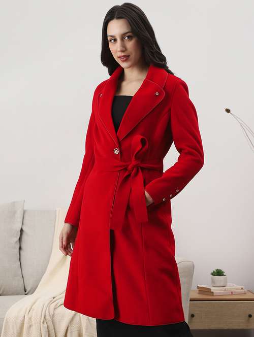 globus women red shawl collar long sleeves solid 2 pockets winterwear trench coat with belt - 22147783 -  Standard Image - 0