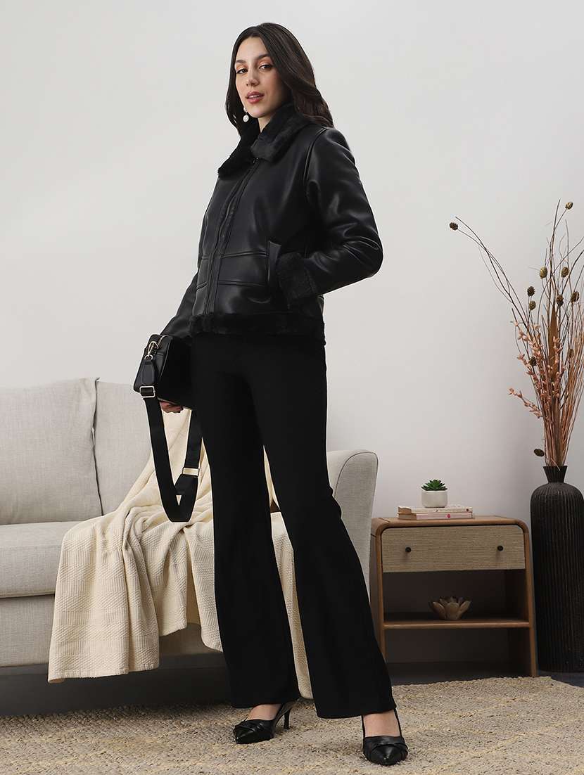 women black solid leather regular jacket - 22147786 -  Standard Image - 2